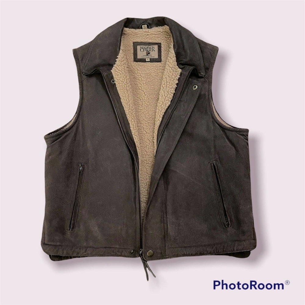 Madison Creek Brown Genuine Leather Sherpa Lined Vest Mens Size Medium Full Zip